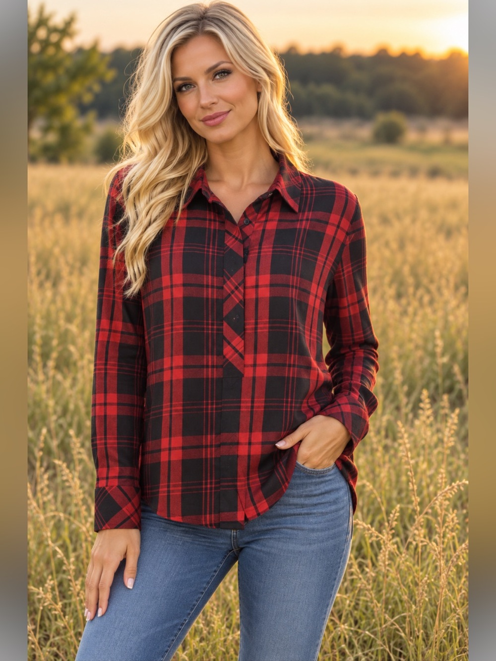Cabi Red and Dark gray Plaid Top